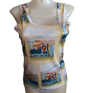 Women's Small Vintage Disco Tank Top Bunny Train Print Sleeveless Acetate 1970's